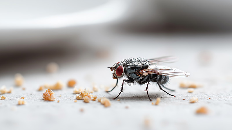 a-fly-is-seen-close-up-on-small-crumbs-scattered-on-a_67410304