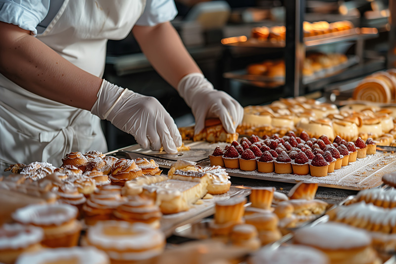 baker arranging freshly baked desserts in a commercial kitchen