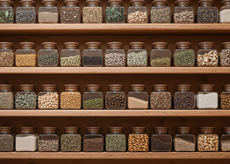 rows-of-glass-jars-filled-with-various-ingredients-on-wooden